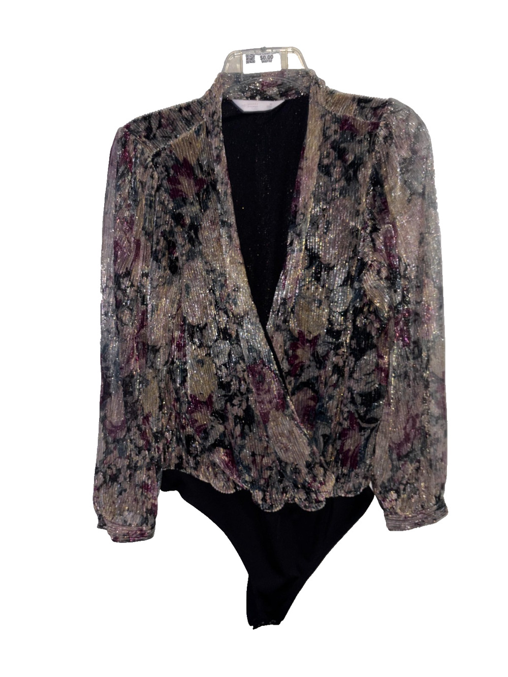 LC Lauren Conrad Gold Metallic Lurex Floral Plisse Surplice Bodysuit Medium